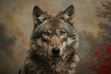 Portrait of a gray wolf on a background of an old wall