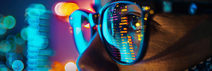 Man spectacles, Extreme close up, Focused developer coder looking at programming code data cyber security digital tech reflecting in spectacles developing software program