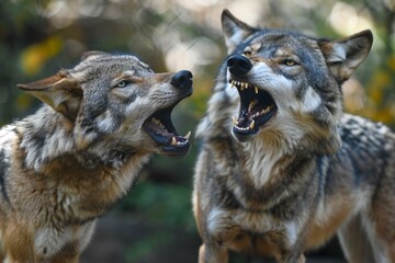 Two wolves are fighting in the forest,  Close-up portrait
