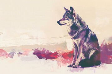 Digital painting of a wolf sitting in front of a watercolor background