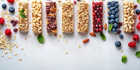Top view of various granola bars kept on clean white surface with a big space for text or product advertisement, Generative AI.