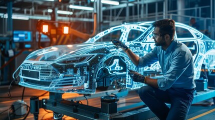 Fototapeta premium Technicians conducting crash tests on an electric car to evaluate its structural integrity and safety features