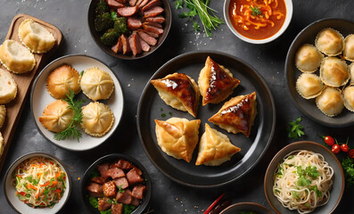 adorned with a variety of dishes. Include a container of golden brown fried dumplings, small bowls with different sauces, a metal tray with roasted meats and sausage slices