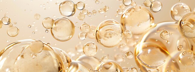 Some foundation molecules, clear glossy bubbles, light beige clear bubbles light beige background - obrazy, fototapety, plakaty