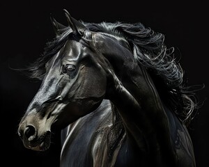 portrait of a black horse , intricate details, dramatic lighting, black background