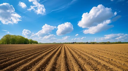 Furrows a plowed field prepared for planting crops in spring with clouds on blue sky in perspective