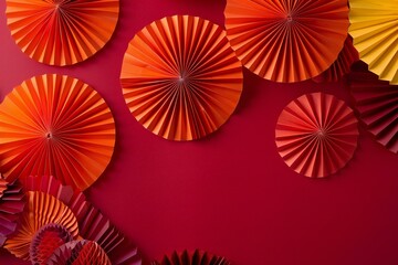 Paper origami fan on red background,  Minimal creative concept