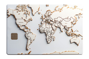 Digital credit card display white. Gold world map pattern isolated on cut out PNG or transparent background. Technology Online card payment for purchases from online stores and online shopping.