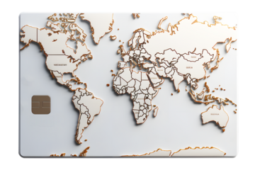 Digital credit card display white. Gold world map pattern isolated on cut out PNG or transparent background. Technology Online card payment for purchases from online stores and online shopping.