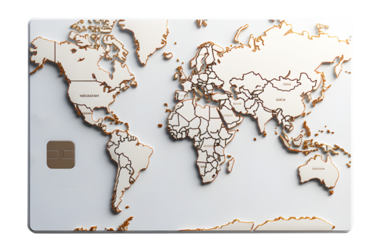 Digital credit card display white. Gold world map pattern isolated on cut out PNG or transparent background. Technology Online card payment for purchases from online stores and online shopping.