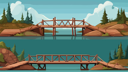 Wooden and Metal Bridge as Road Over Water Vector S