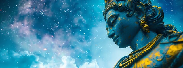 Close shot of Handsome Lord Vishnu sky is the colorful milky way galaxy