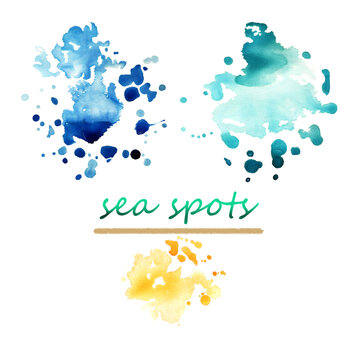 
Set of watercolor splash stains, blue, cyan and yellow sand color, sea summer shades, hand drawn, suitable as a background, place for text for flyers, postcards, geographical maps