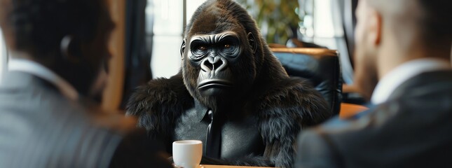 a gorilla wearing suit and tie at the office, working as an angry business leader - obrazy, fototapety, plakaty