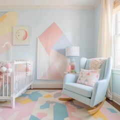 Cheerful Nursery Design: Pastel Rocker and Plush Carpet
