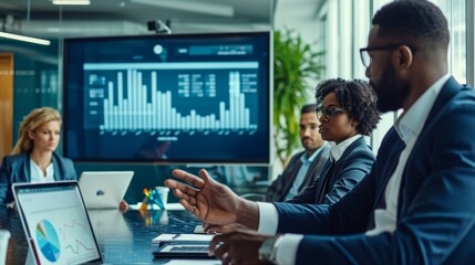 Indian Male Product Distribution Expert Holding Laptop Computer, Analyzing World Map On Big Digital Screen In Monitoring Office. Successful Man Looking For Efficient Routes For International Delivery