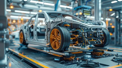 Fototapeta premium The integration of advanced driver assistance systems (ADAS) into an electric vehicle during assembly