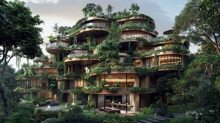 Fototapeta na wymiar Surrounded by lush greenery a luxurious resort complex boasts intricate and sustainable design features a true feat of engineering prowess. .