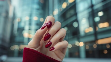 Woman hand with burgundy color nail polish on her fingernails. Burgundy nail manicure with gel polish at luxury beauty salon. Nail art and design. Female hand model. French manicure