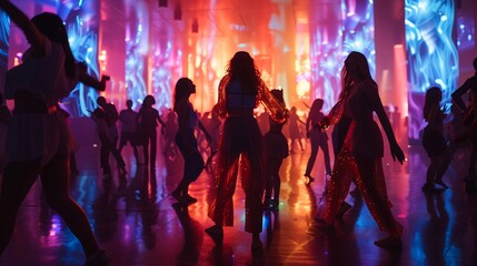 Holographic niji projections at a futuristic festival, night, revelers dancing, wide shot, joyous and lively