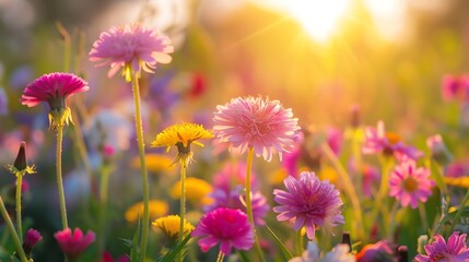Beautiful colorful flowers in the field with a sunrise - obrazy, fototapety, plakaty
