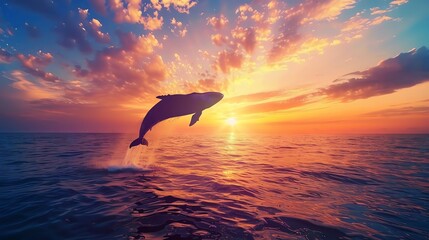 a whale jumping out from the ocean,beautiful sunset  - obrazy, fototapety, plakaty