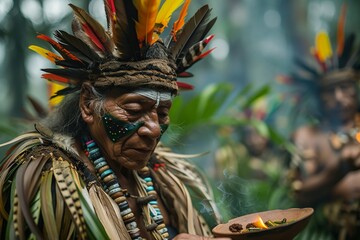 Indigenous alien tribe using traditional medicine to fight off virus, cultural blend, medium shot, hopeful