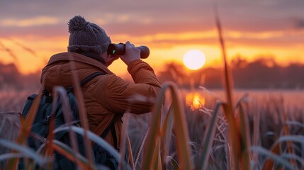 Lone birdwatcher in a marshland, binoculars in hand, sunrise, closeup, peaceful pursuit - obrazy, fototapety, plakaty