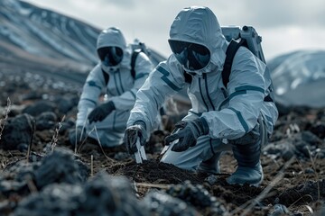Scientists in hazmat suits collecting soil samples on infected planet, bleak landscape, closeup, investigation - obrazy, fototapety, plakaty