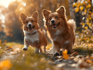 Joyful Canine and Feline Companions Frolicking in Vibrant Outdoor Scenery