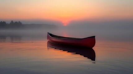 Single canoe on a misty lake at dawn, silhouette, wide shot, reflective and calm - obrazy, fototapety, plakaty