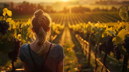 Foto op Canvas Single person in a sunlit vineyard, tasting grapes, rows of vines, closeup, bucolic summer © Samon