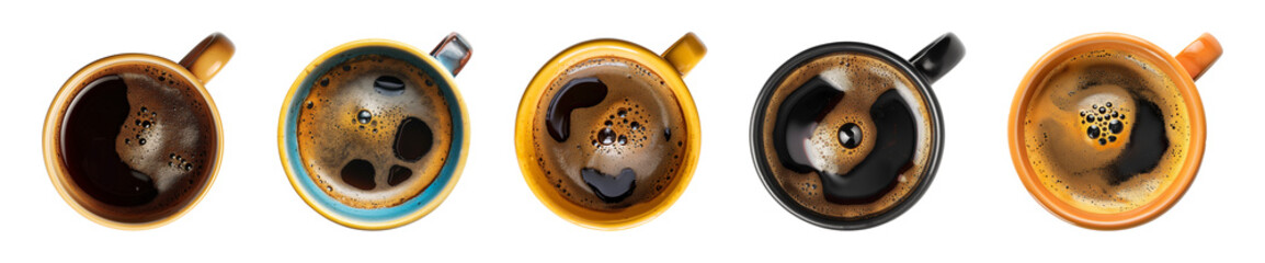 Collection cup of hot black coffee on a transparent background, top view, PNG - obrazy, fototapety, plakaty