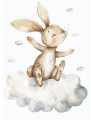 Adorable Rabbit Hopping Joyfully on Ethereal Cloud in Whimsical Watercolor