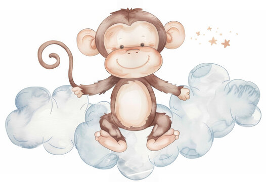 Adorable Monkey Resting on Fluffy Clouds in Whimsical Watercolor