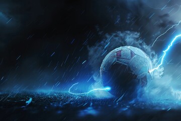 Dramatic Storm Raging Over Intense Soccer Match on Pitch - obrazy, fototapety, plakaty