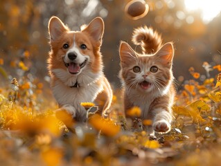 Carefree Companions Playful Corgi and Tabby Cat Frolicking in Sunlit Nature