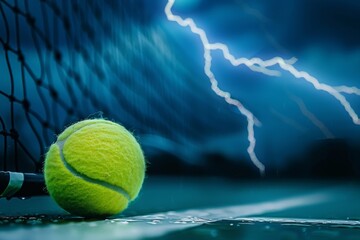 Intense Tennis Match Amid Dramatic Thunderstorm with Copy Space for Text Overlay - obrazy, fototapety, plakaty