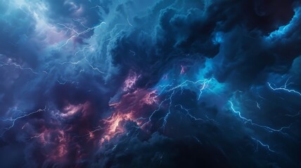 Powerful Storm Clouds and Lightning Bolts in Dramatic Sky Wallpaper with Copy Space - obrazy, fototapety, plakaty