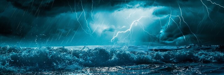 Dramatic Thunderstorm Over Turbulent Waves Crashing Against Rugged Coastline - obrazy, fototapety, plakaty