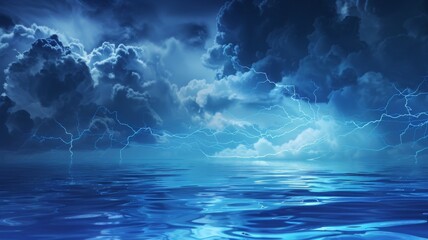 Dramatic Storm Clouds and Lightning Over Serene Ocean Landscape with Ample Copy Space for Background or Wallpaper - obrazy, fototapety, plakaty