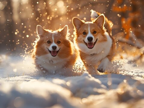 Two Joyful Companions Racing Through a Sunlit Forest Clearing