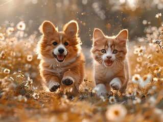 Playful Corgi and Tabby Cat Running in Sunlit Grasslands with Blurred Backdrop