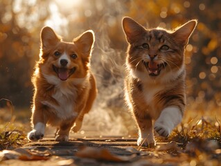 Energetic Canine and Feline Friends Frolic in the Sunlit Meadow
