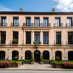 Fototapeta na wymiar Una increíble fachada de tonos beiges de un edificio con apariencia clásica
