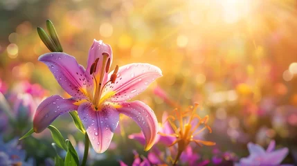 Foto op Plexiglas Beautiful lily flowers in the field with a sunrise sky background, dews, landscape photography, high resolution, high quality background © rajagambar99
