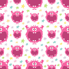 Monster seamless border pattern, funny pink fantasy animal squinting with big open mouth, with stars, cartoon vector illustration printable for wrapping paper, background, fashion