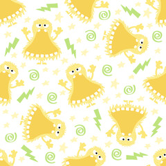 Monster seamless border pattern, funny lemon fantasy animal squinting with big open mouth, with lightning and thunder, cartoon vector illustration printable for wrapping paper, background, wallpaper
