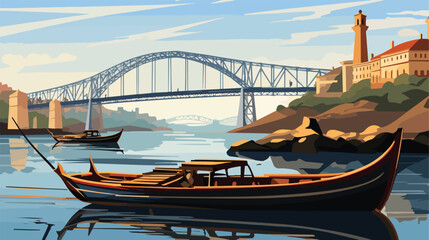 Wooden boats in Porto with Luis I bridge on background - obrazy, fototapety, plakaty