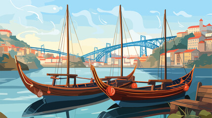 Wooden boats in Porto with Luis I bridge on background - obrazy, fototapety, plakaty